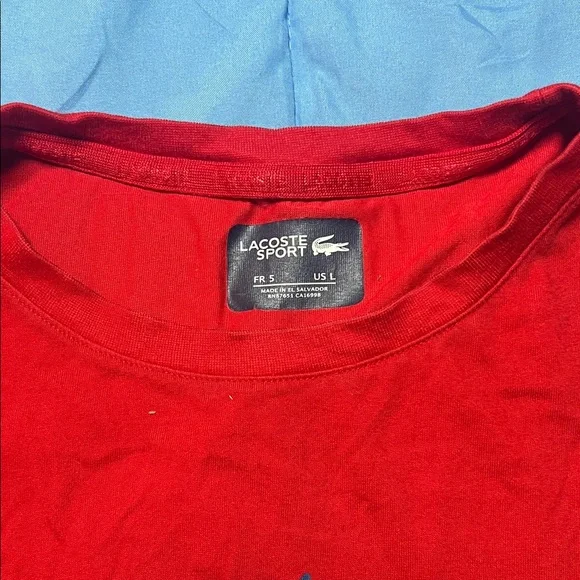 Lacoste Men's Red Tee with Blue Logo - Picture 2 of 4